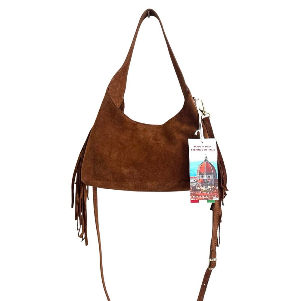 NWT Isadora Italy Suede Leather Fringe Hobo Bag Brown Western Cowgirl Festival